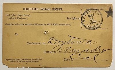 1886 PLYMOUTH CALIFORNIA POSTAL RECEIPT HISTORY DRYTOWN (HISTORICAL LANDMARK)