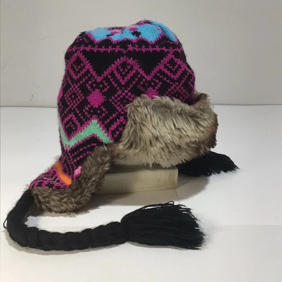 Billabong Women’s Y2K Winter Knitted Beanie Hat One Size Faux Fur Tie Straps - Image 3 of 4