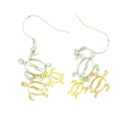 925 Sterling Silver Tri-Color Dangle Earrings -  Hawaiian Sea Turtle