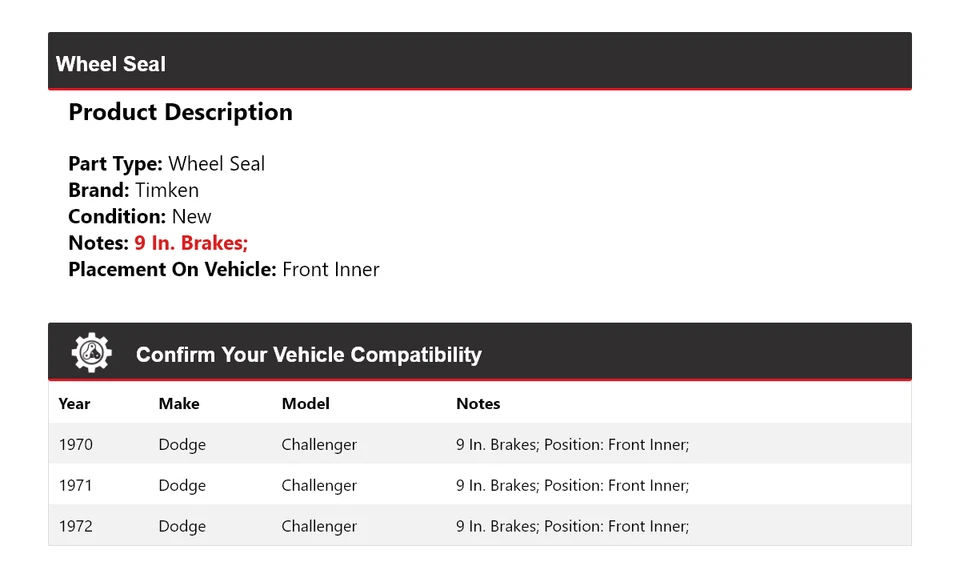 Sello de rueda interior delantero Timken 1971 para Dodge Challenger 1970-1972 Foto 2 de 4
