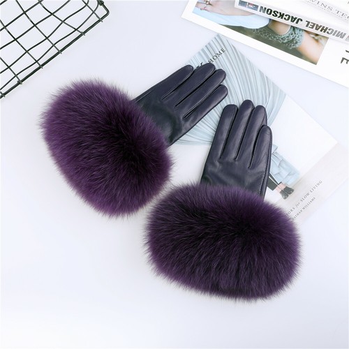 Gants femmes en cuir véritable peau de mouton renard poignets en fourrure mitaines hiver gant chaud  - Photo 1 sur 32