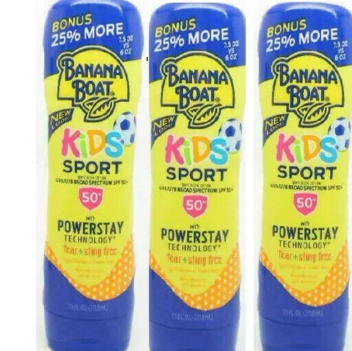 3 Pks Banana Boat Kids Sport Sunscreen Lotion Powerstay Tear+ StingFree SPF 50+ 