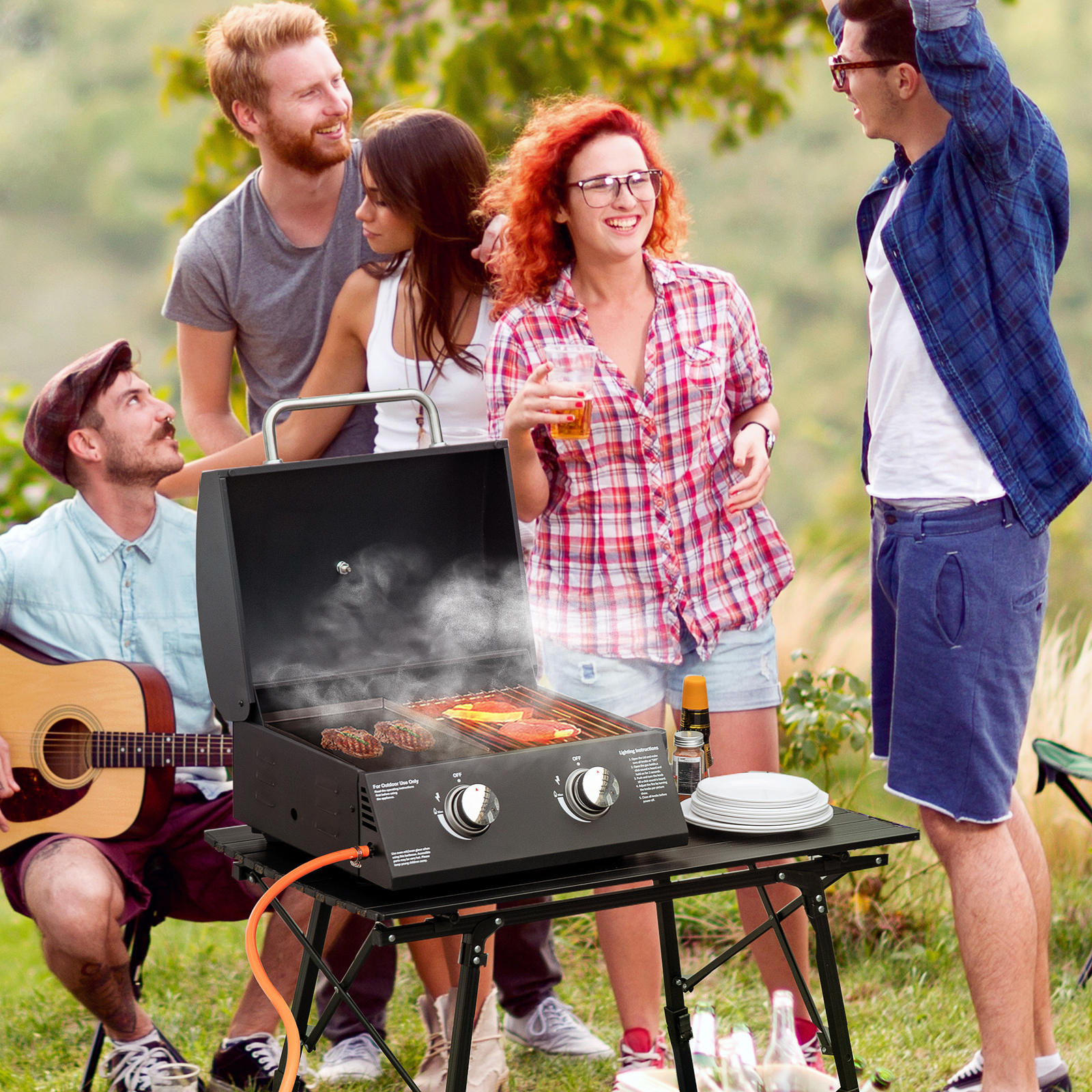 Outsunny - Barbacoa De Mesa A Gas Plegable Con 2 Quemadores Parrilla De Gas Portátil Con Tapa Acero A Carbono Para Camping Picnic Al Aire Libre En Oferta Barbacoa De Mesa A Gas Plegable Con 2 Quemadores Tapa Y Parrillas Camping Picnic