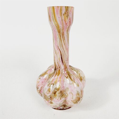 Jarrón de arte de vidrio con estuche de piel de cebolla lobulada de mica vintage rosa verde remolino - 6 1/2" - Imagen 3 de 7