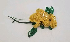 Vintage French Seed Bead Flower Stem Leaves Yellow Green Handmade