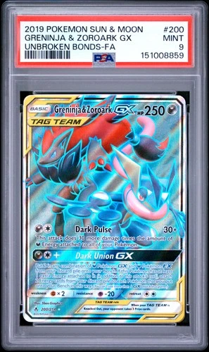 2019 POKEMON SUN & MOON UNBROKEN BONDS #200 FULL ART/GRENINJA & ZOROARK GX PSA 9