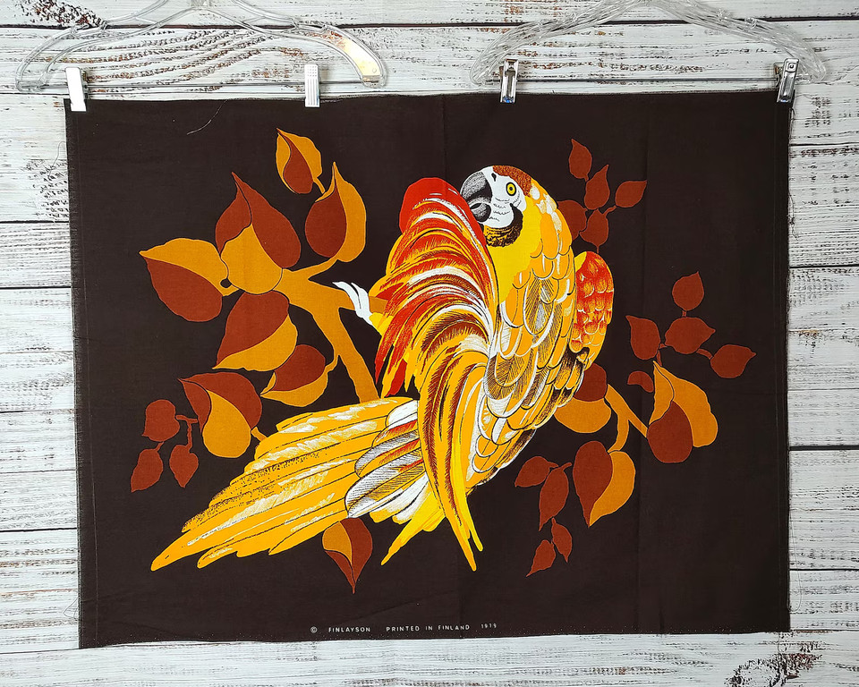 A genuine vintage psychedelic parrot fabric-print wall art piece — vivid, mod, and dripping with authentic MCM energy.