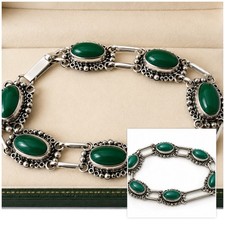 Vintage Jewellery Sterling Silver Filigree Green Stone Set Bracelet