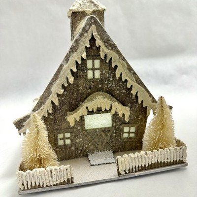 Raz Imports 9  Lighted White Snowy Putz House Barn Bottlebrush Trees Read