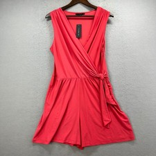 Tiana B Romper Womens L Coral Sleeveless Faux Wrap Tie Waist Stretch Party NEW