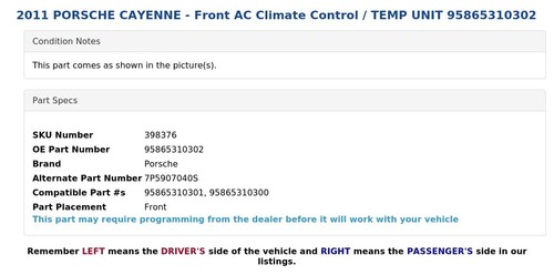 2011 PORSCHE CAYENNE - Front AC Climate Control / TEMP UNIT 95865310302 - Picture 4 of 5