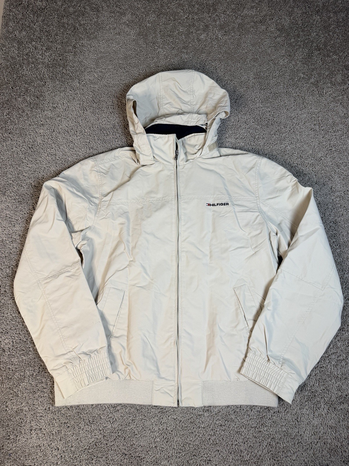 Tommy Hilfiger Jacket Mens L Beige Hooded Lined Windbreaker Full Zip Microfiber