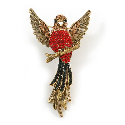 Vintage inspirierte exotische Kristall Vogel Brosche aus altem goldfarbenem Metall - 70 mm hoch