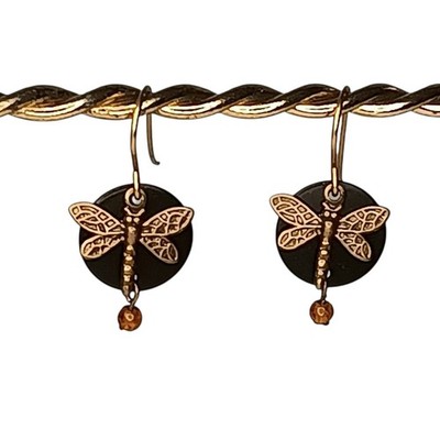 Goldtone Dragonfly Earrings On Black Disc Pierced Dangle Lightweight 1/4 Inch  