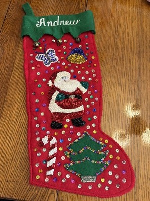 VTG Handmade Felt Christmas Stocking 21  Sequins Beads Santa  Bells   ANDREW