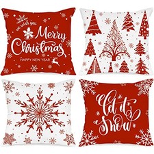 Christmas Throw Pillow Covers 16x16 Set of 4, Merry 16" x 16" Pack of 4 Red