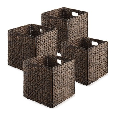 Set of 4 Hyacinth Storage Cubes, 13'' Square Wicker Shelf Basket Bins, Espresso