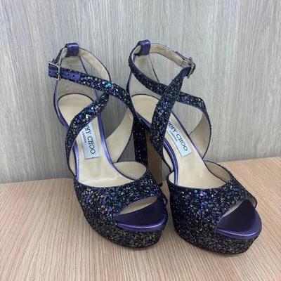JIMMY CHOO April 120 Sandales Mule Talon Plate-Forme En Glitter Femme 36 Violet - Photo 1/4