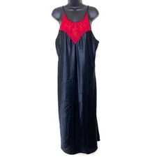 Vtg VAL MODE Women's Black Red Sheer Lace Shiny Nightgown Lingerie 80s 90s Sz L