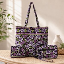 Vera Bradley Plum Petals 3 Piece Toggle Tote Euro Wallet Wristlet Set