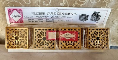 Vintage 1960s NIB Filigree Gold Metal Cube Ornaments Pack Of 4 For Lee Wards 2 