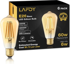 Amber Edison Light Bulbs 2200K Soft Warm, E26 LED Bulb 60 Watt Equivalent, 6W...