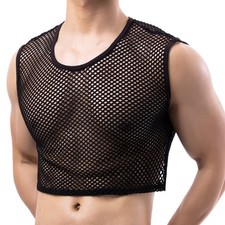Mens Fishnet Crop Top Shirt Mesh Vest See Through Medium, Vest Black
