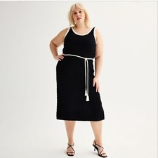Nine West Black White Pointelle Knit Midi Dress XXL Cotton Tassel Belt Coastal