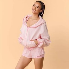 Blogilates Women's Marshmallow Full Zip Hooded Sweatshirt - Pink Gingham L NWT