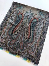 Sciarpa Etro foulard colorato grigio verde fantasia paisley lana seta 66x150 cm