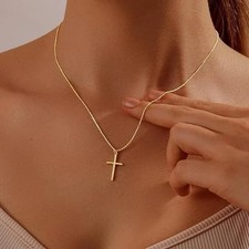 14K Gold Cross Necklace Chain, for Women Dainty Minimalist, Simple Cross Pendant
