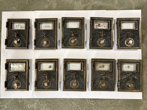 Lot of 10 Antique Brass Post Office Box Doors Flying Eagle Vtg USPS for Banks