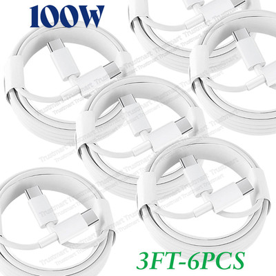 6PCS 3FT 100W USB C To C Cable Fast Charger PD Cord For 17/16/15 Pro Samsung Lot