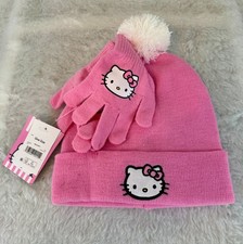 Hello Kitty hat gloves set Sanrio pink knit pom pom hearts fleece lined One Size