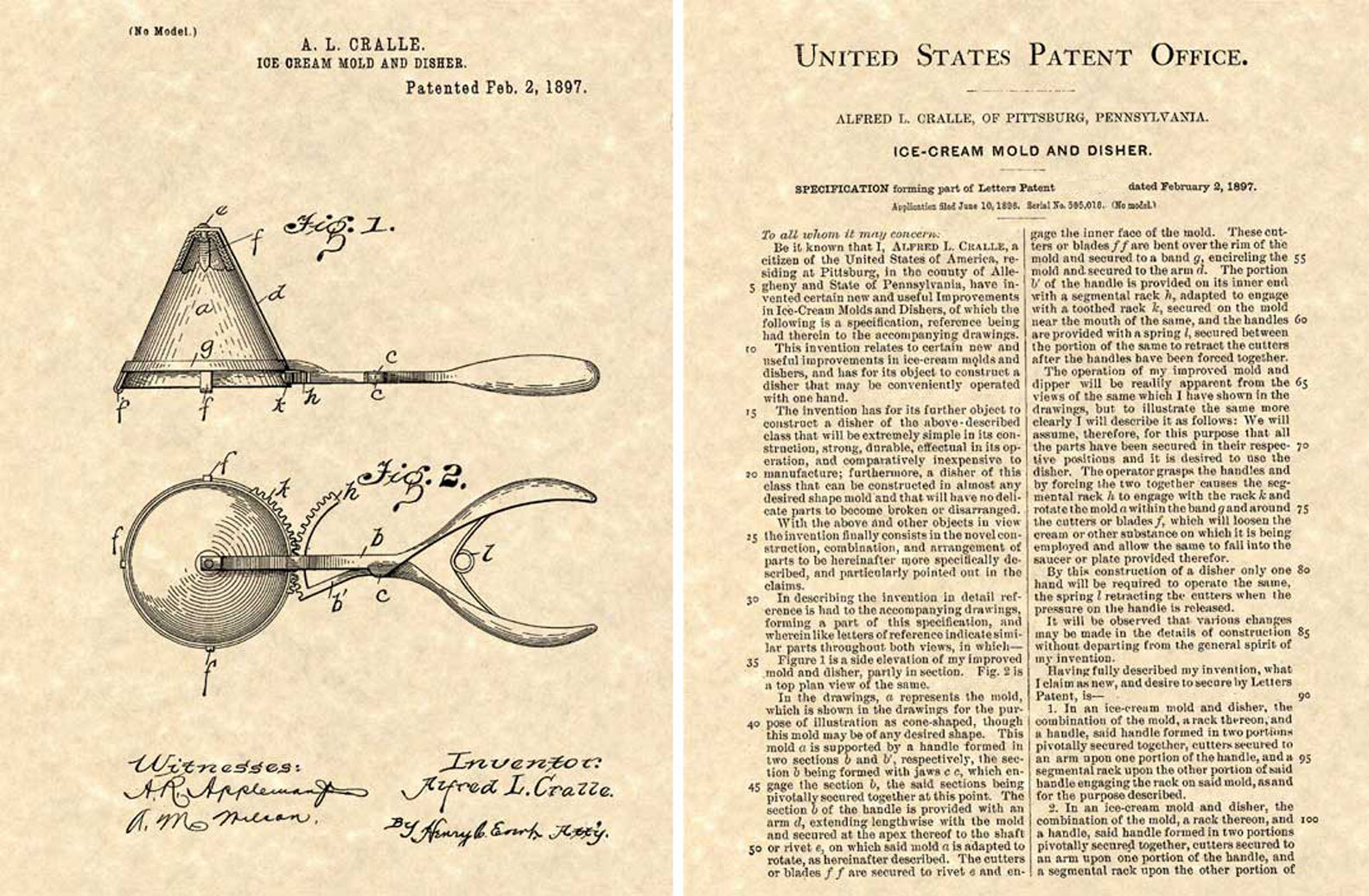 Ice Cream Scoop US Patent Art Print READY TO FRAME! Vintage 1897