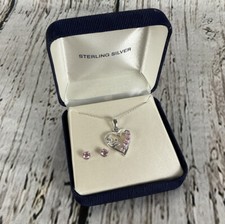 Sterling Silver Mother  Child Heart Necklace And Matching Earrings Gift Set New