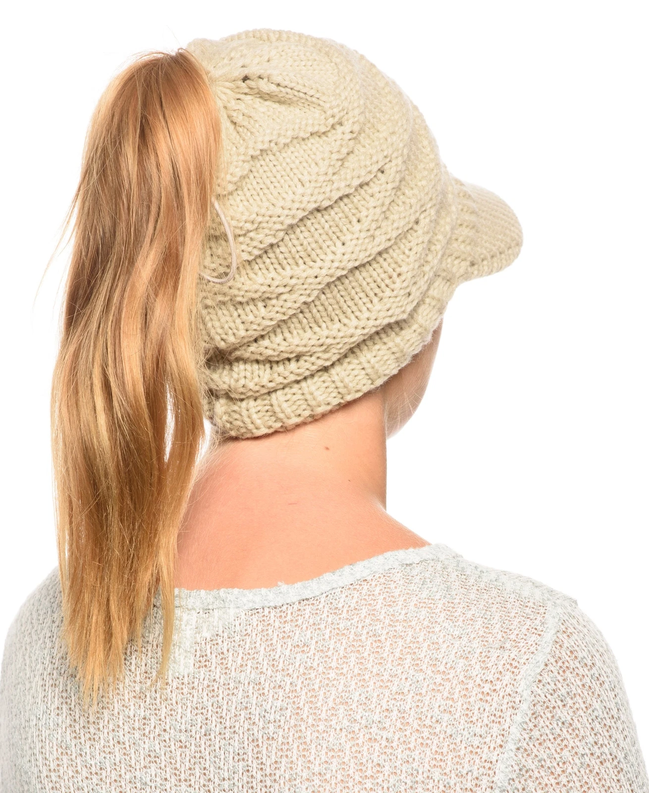 Ponytail Beanie with Visor Messy Bun Beanie Winter Hat with Hole for Ponytail