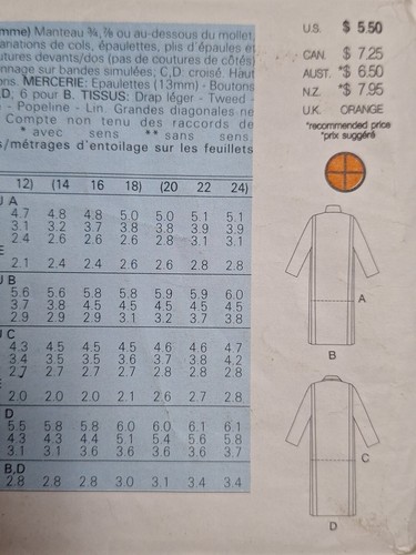 Coat Jacket Trench 20 22 24 Butterick 4044 Sewing Pattern UC FF Classic Long - Picture 9 of 9
