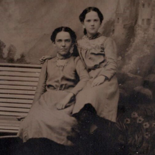 Antique 1880s 1890 Two Girls Sisters Bench Castle Flowers 1/6 Plate Tintype - Picture 3 of 4