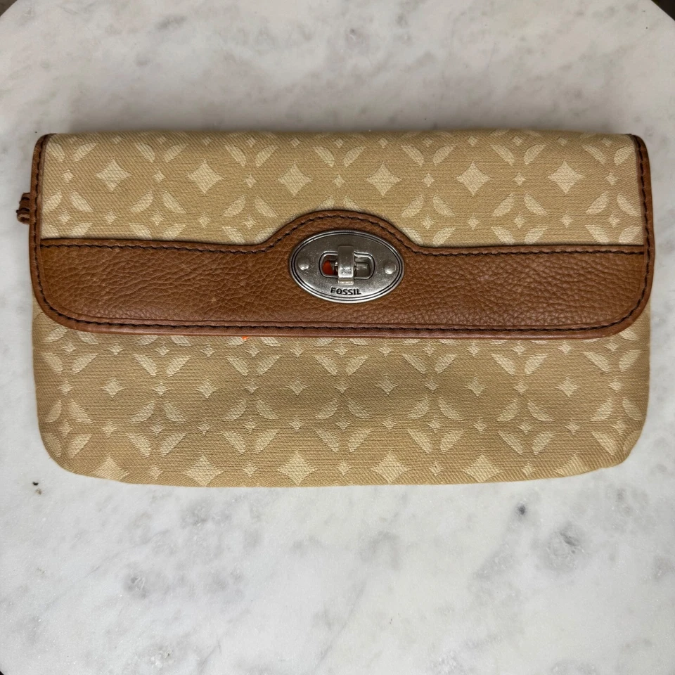 Vintage Fossil Clutch Geldbörse hellbraun Signatur beschichtetes Canvas Drehverschluss - Bild 1 von 4