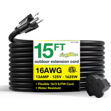 Outdoor Extension Cord 15 ft Black Heavy Duty SJTW 16 Gauge 3 Prong 13 Amp