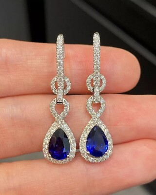 Pear Cut Simulated Blue Sapphire Drop/Dangle Earrings In 14k White Gold  Plated