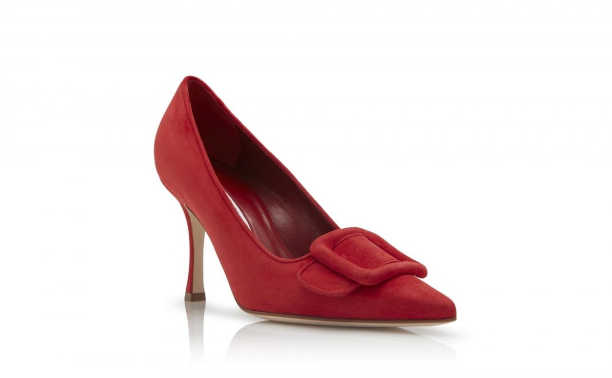 Manolo Blahnik Maysale 70 Red Suede Pointed-Toe Buckle-Detai Pumps Sz: 10 l  IT41