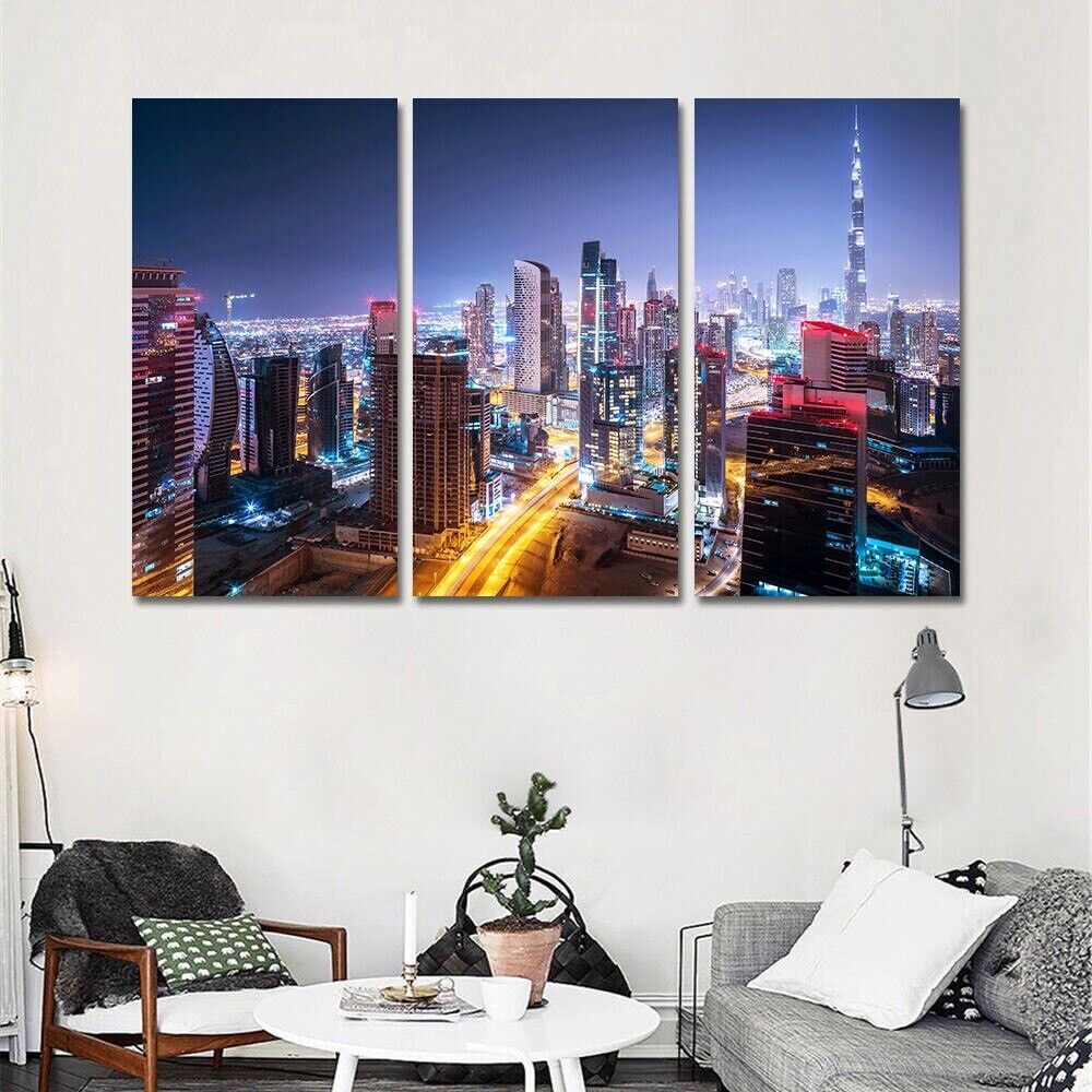 Dubai City Buildings Night Scape 3 Piece Canvas Print Wall Art Home Decoration Świetna wartość zamówienia pocztowego