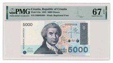 CROATIA banknote 5000 Dinara 1992 PMG grade MS 67 EPQ Superb Gem Uncirculated