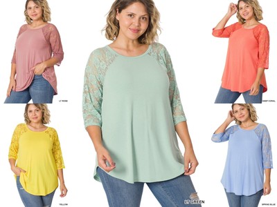 1X 2X 3X Round or V Neck Lace 3/4 Sleeve Round Curved Hem Soft Stretch Rayon Top