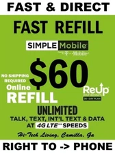 $60 SIMPLE MOBILE PREPAID REFILL DIRECT to PHONE 🔥GET IT TODAY🔥FASTEST REFILL