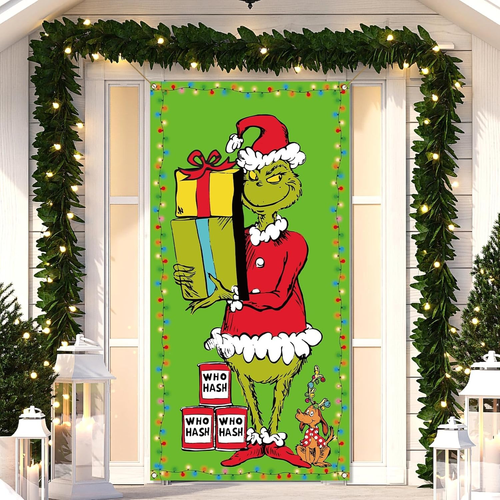 Green Christmas Door Cover Whoville Merry Christmas Decoration Xmas Winter Holid