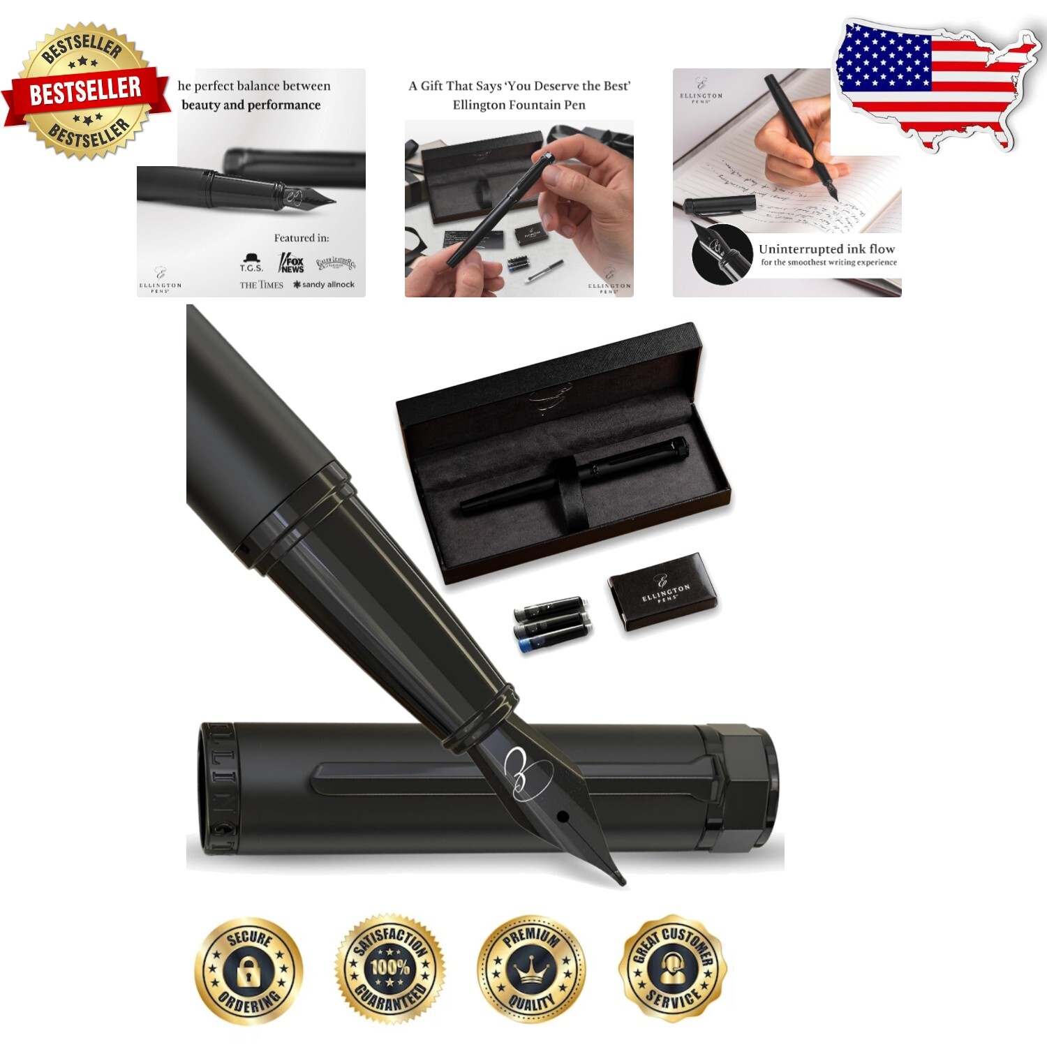 Ellington Luxury Fountain Pen Gift Set - Includes Refills & Elegant Box