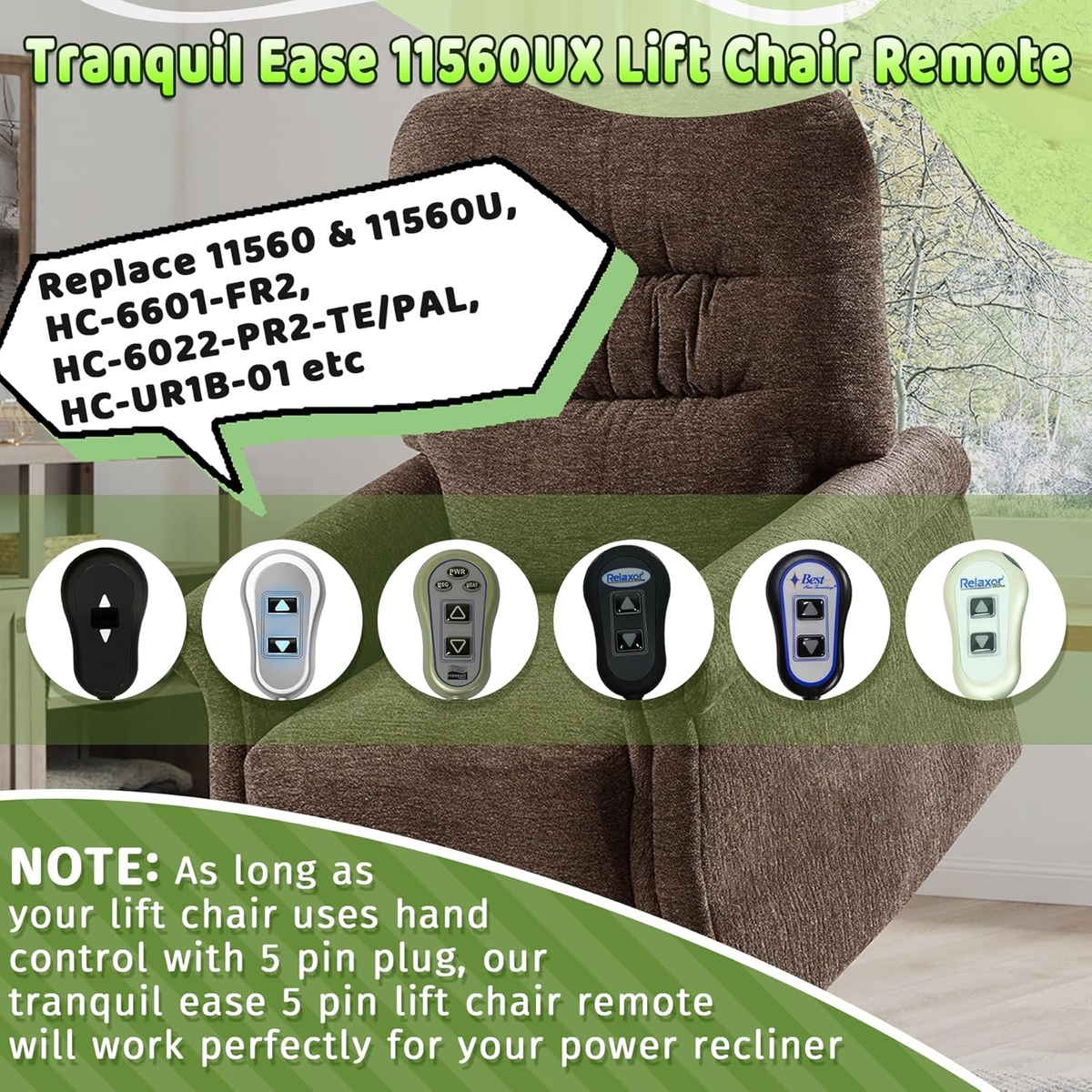 Upgraded Tranquil Ease 11560UX&11560 Pin Lift Chair Remote Fit